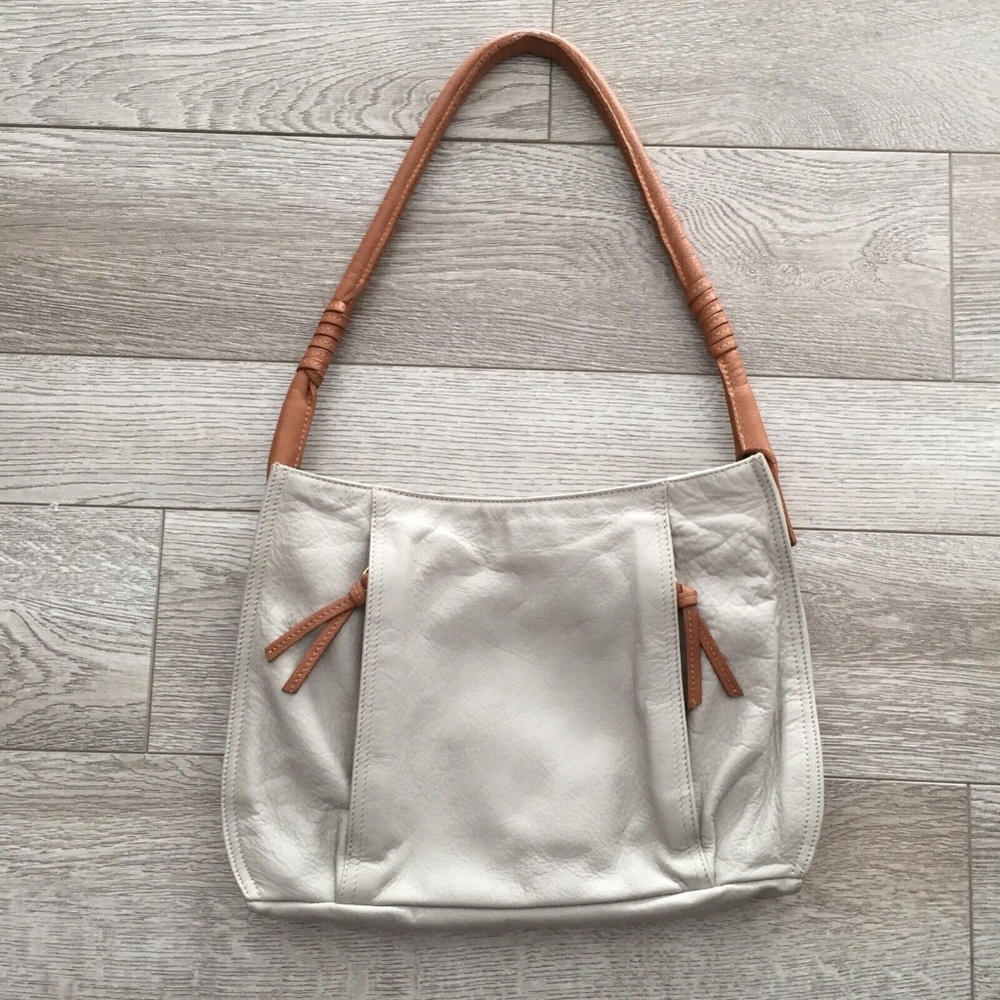 Sundance Pebbled Leather Shoulder Purse Neutral Khaki Putty Color w/Brown Strap